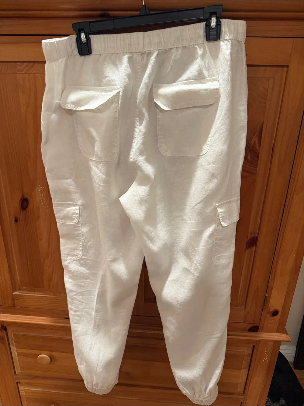 Women White Cargo 100% Linen Jogger Pants with Drawstring